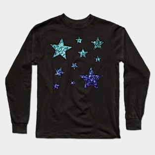 Teal Dark Blue Ombre Faux Glitter Stars Long Sleeve T-Shirt